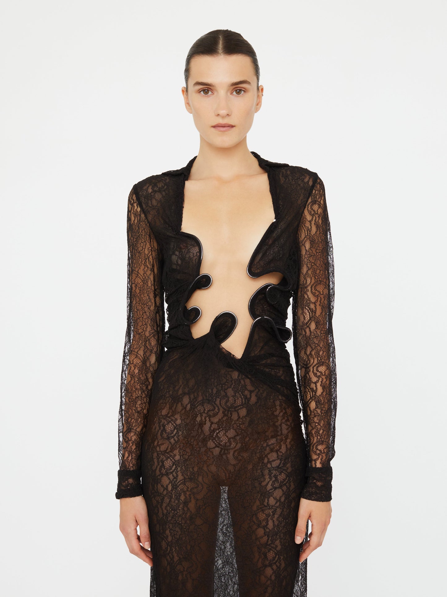 Christopher Esber Lace Venus Plunge Shirt Dress (Black)