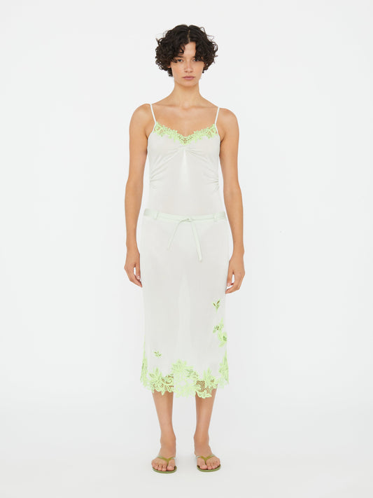 Image of a model wearing Skirts. Productname: Christopher Esber Hibiscus Embroidered Rib Skirt in Green colour by brand - Christopher Esber