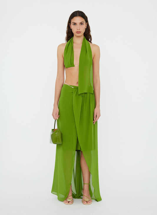 Image of a model wearing Skirts. Productname: Christopher Esber Silk Chain Sarong Skirt in Cactus colour by brand - Christopher Esber