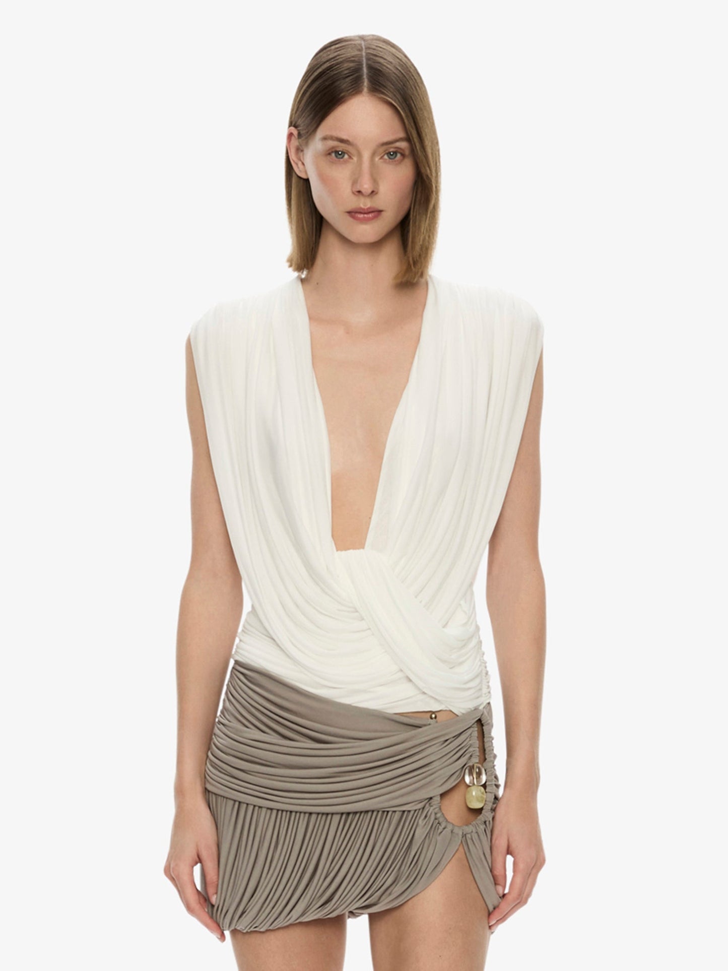 Image of a model wearing Tops. Productname: Ripple Drape Top in White colour by brand - CHRISTOPHER ESBER