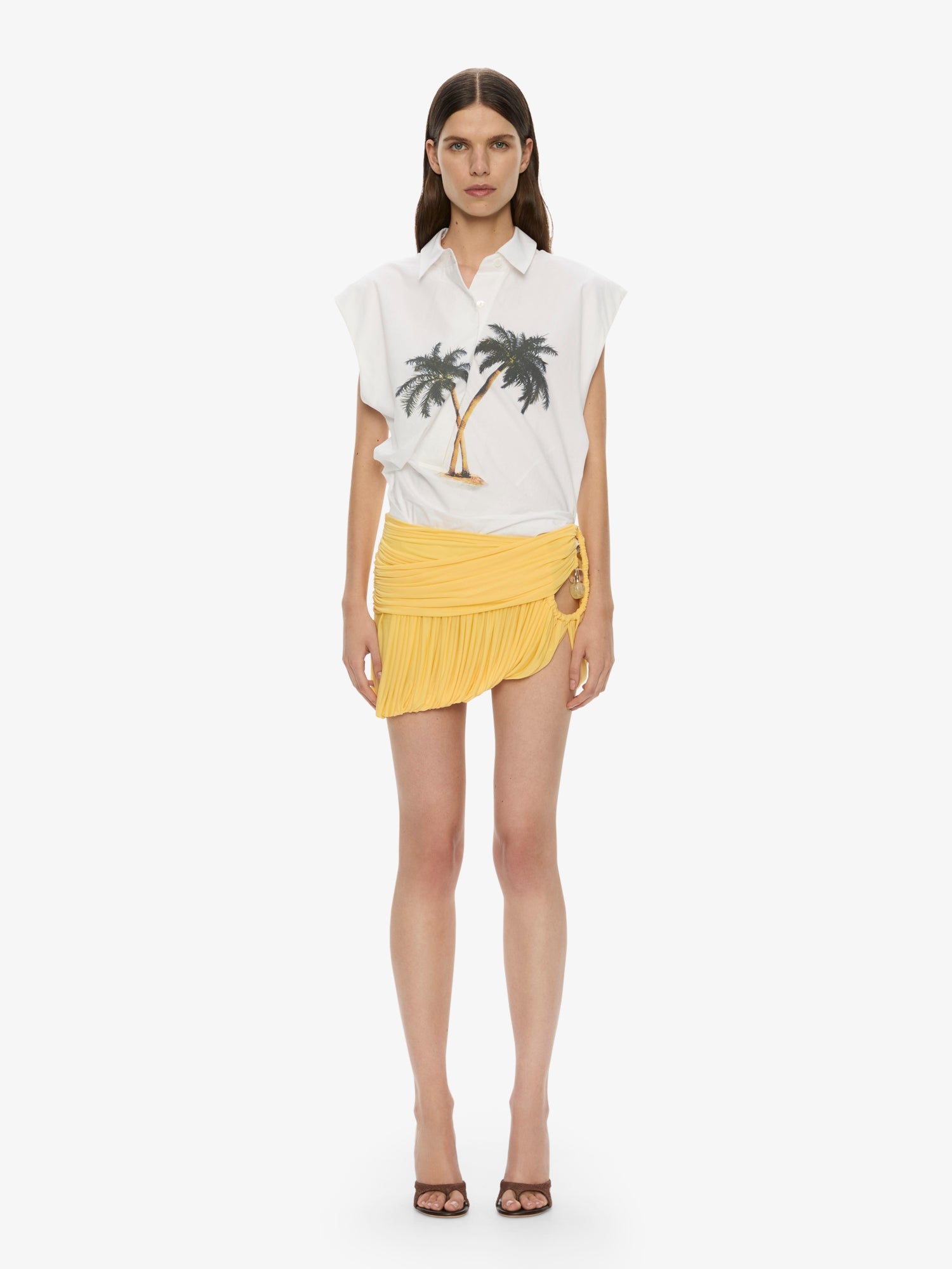 Image of a model wearing Skirts. Productname: CHRISTOPHER ESBER Beach Glass Bubble Mini Skirt in Soleil colour by brand - CHRISTOPHER ESBER