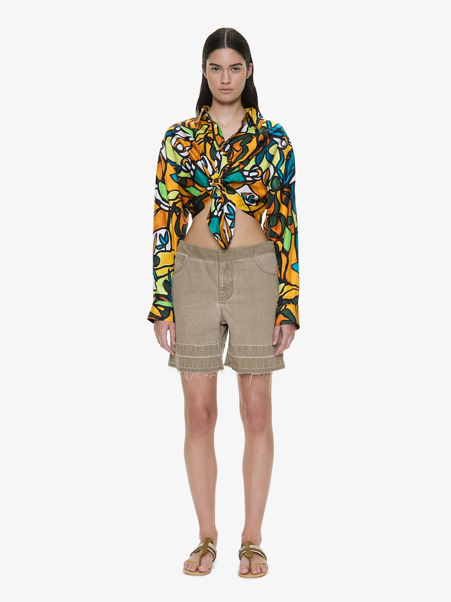Image of a model wearing Shorts. Product name - Deconstruct Denim Short in Eucalypt colour by brand - CHRISTOPHER ESBER