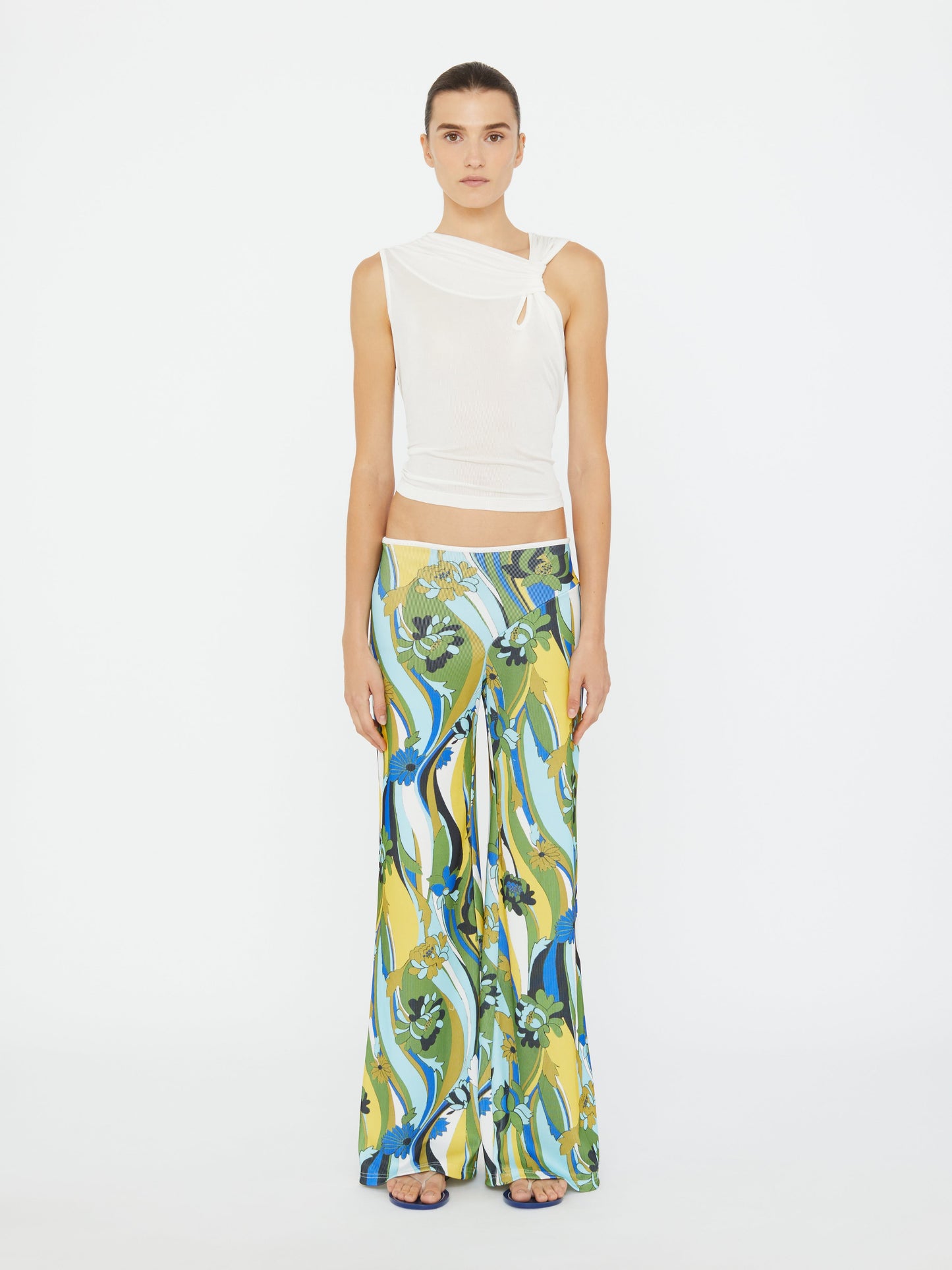 Image of a model wearing Pants. Productname: Christopher Esber Acidic Floral Rib Pant in Print colour by brand - Christopher Esber