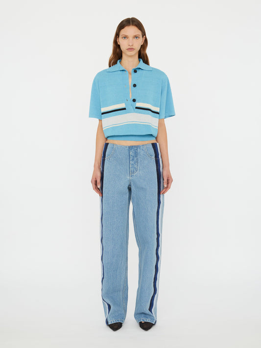 Image of a model wearing Denim. Productname: Christopher Esber Streaked Denim Jean in Jean colour by brand - Christopher Esber