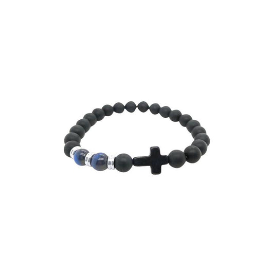 Image of Bracelets. Productname: 20.5cm Cross Bracelet with Black and Blue Beads in Stainless Steel in Silver colour by brand - Bevilles