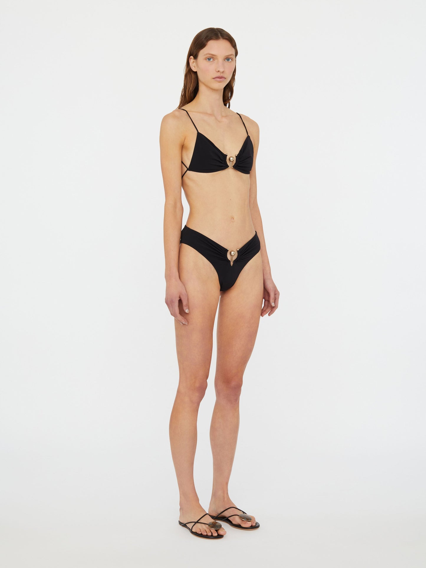 Christopher Esber Ruched Orbit Triangle Bikini Top (Black)