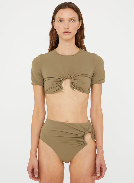 Image of Swimwear. Productname: Christopher Esber Ruched Crescent Swim Tee in Eucalypt colour by brand - Christopher Esber