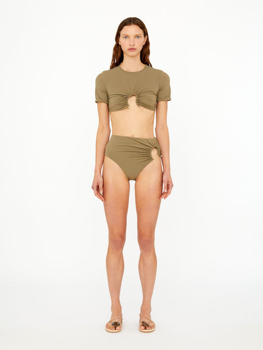 Image of Swimwear. Productname: Christopher Esber Ruched Crescent High Brief in Eucalypt colour by brand - Christopher Esber