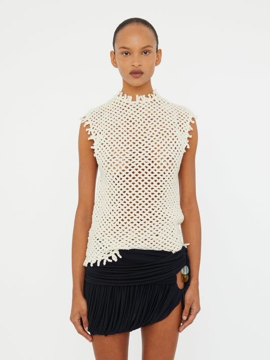 Image of a model wearing Tops. Productname: CHRISTOPHER ESBER Lattice Knit Tank in White colour by brand - CHRISTOPHER ESBER