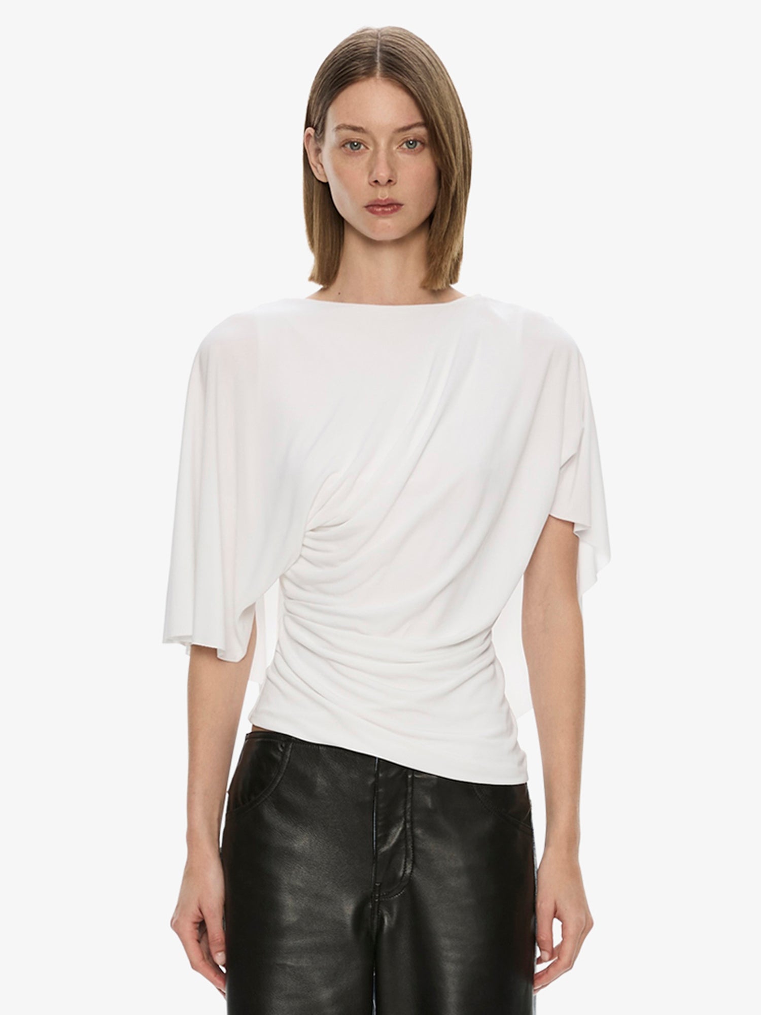 Image of a model wearing Tops. Product name - Fluted Jersey Top in White colour by brand - CHRISTOPHER ESBER