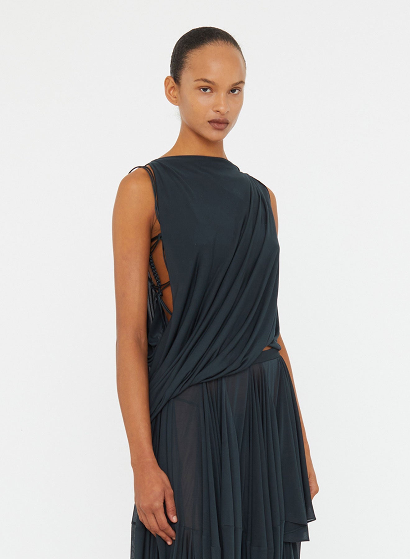 Image of a model wearing Tops. Productname: CHRISTOPHER ESBER Macrame Silk Knot Dropped Armhole Top in Liquorice colour by brand - CHRISTOPHER ESBER