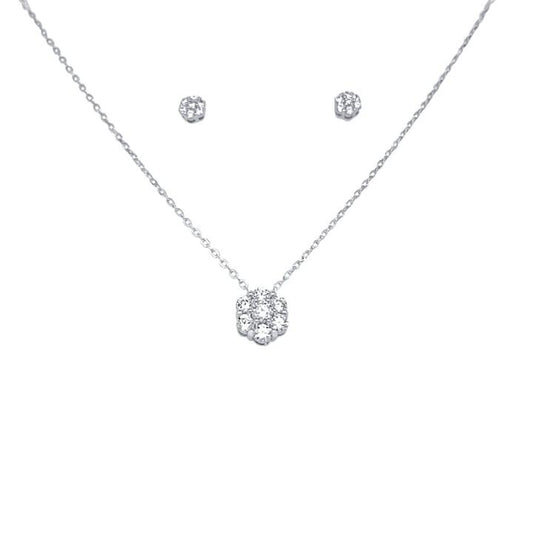 Image of Jewelry. Productname: Flower Necklace and Stud Earrings Jewellery Set with Cubic Zirconia in Sterling Silver in Silver colour by brand - Bevilles