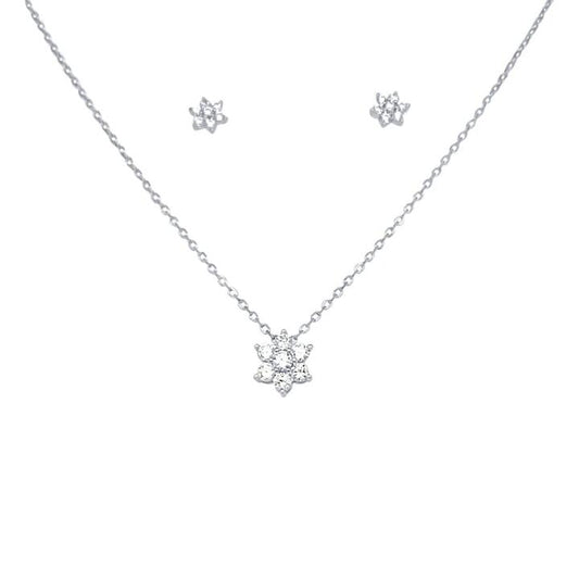 Image of Earrings. Productname: Flower Necklace and Stud Earrings Jewellery Set with Cubic Zirconia in Sterling Silver in Silver colour by brand - Bevilles