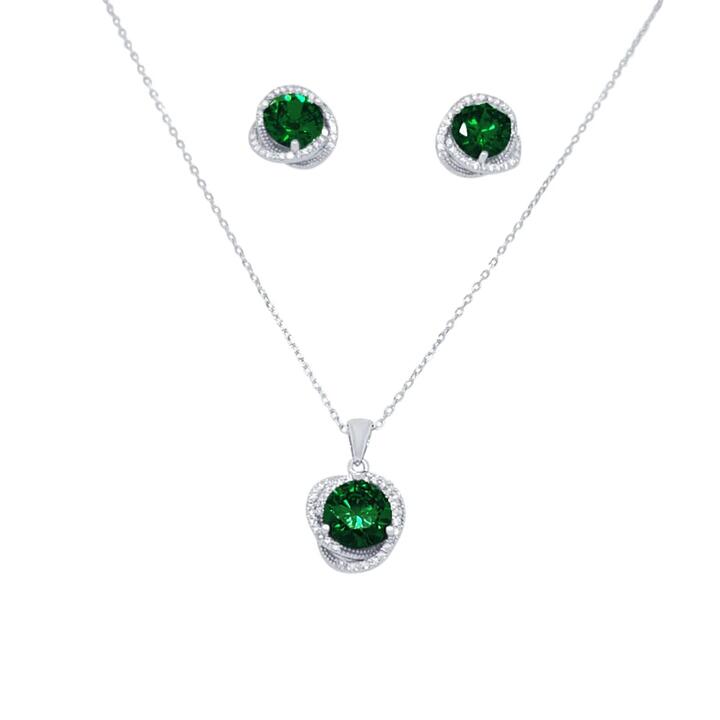 Image of Charms. Productname: Dark Green Swirl Pendant Necklace and Stud Earrings Set with Cubic Zirconia in Sterling Silver in Silver colour by brand - Bevilles