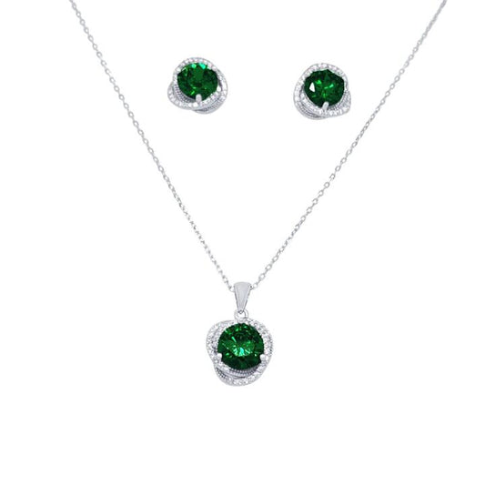 Image of Charms. Productname: Dark Green Swirl Pendant Necklace and Stud Earrings Set with Cubic Zirconia in Sterling Silver in Silver colour by brand - Bevilles