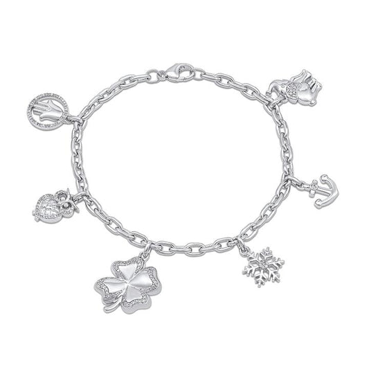 Image of Bracelets. Productname: Good Luck Multi Charm Bracelet with 1/4ct of Diamonds in Sterling Silver in Diamond colour by brand - Bevilles