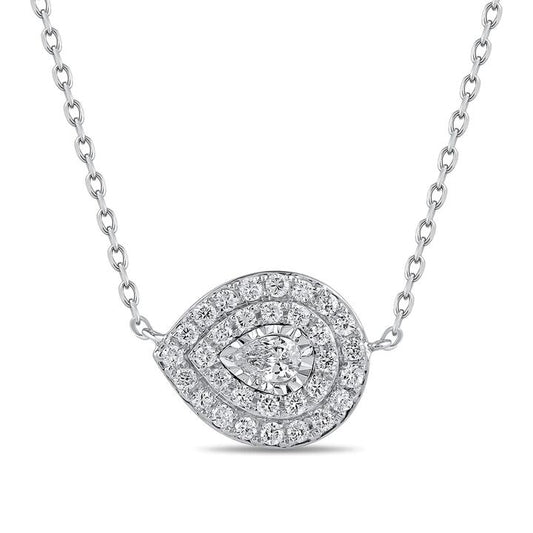 Image of Necklaces. Productname: Solitaire Double Halo Pear Shaped Slider Necklace with 0.35ct of Laboratory Grown Diamonds in Sterling Silver and Platinum in Diamond colour by brand - Bevilles