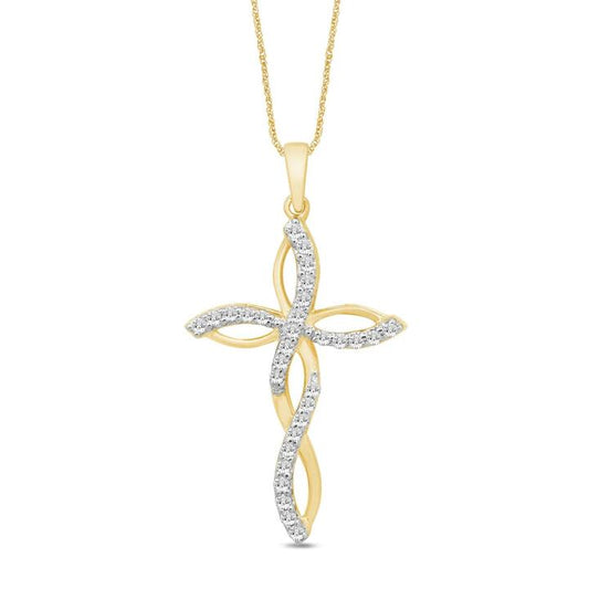Image of Necklaces. Productname: Plait Cross Necklace with 0.20tw of Diamonds in 9kt Yellow Gold in Diamond colour by brand - Bevilles