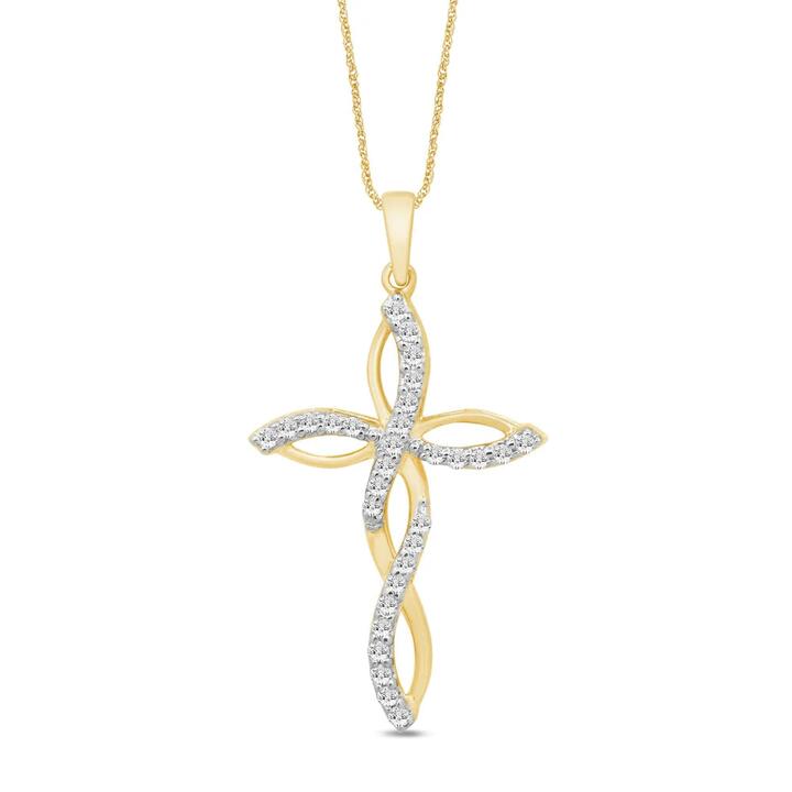 Image of Necklaces. Productname: 45cm Plait Cross Necklace with 0.20tw of Diamonds in 9kt Yellow Gold in Diamond colour by brand - Bevilles