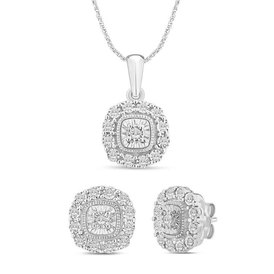 Image of Earrings. Productname: Stud Earrings and Cushion Shaped Pendant Necklace with 0.15tw of Diamonds in Sterling Silver in Diamond colour by brand - Bevilles