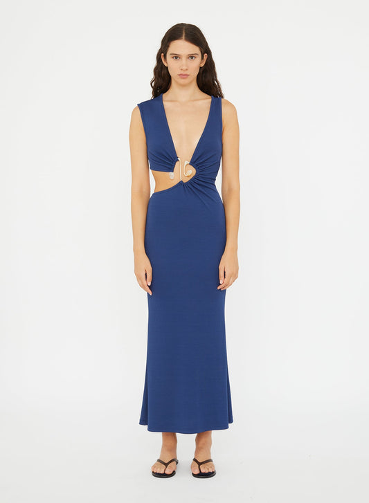 Image of Dresses. Product name - Spiral Crystal Cutaway Dress in Indigo colour by brand - CHRISTOPHER ESBER