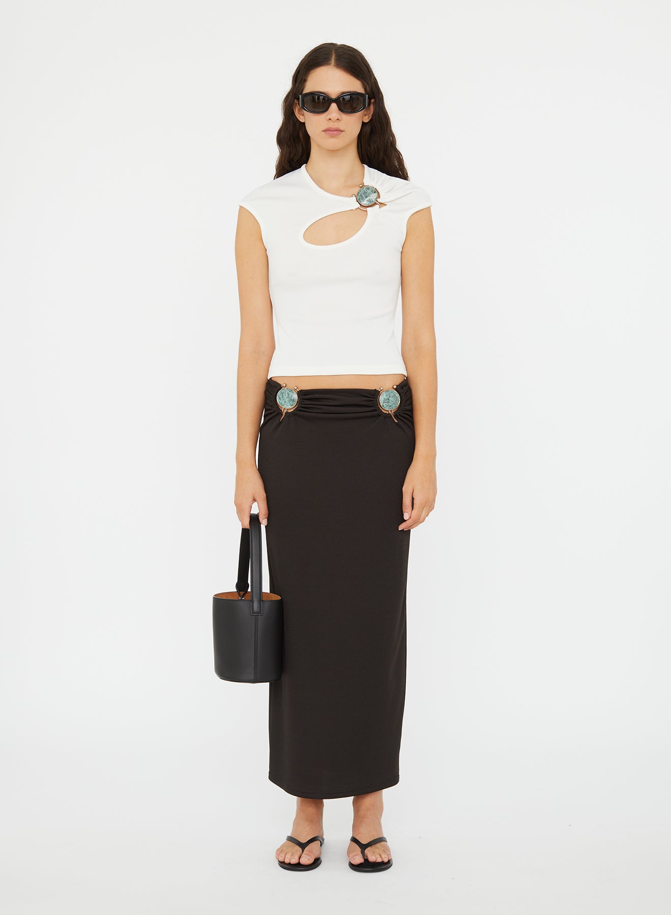 Image of a model wearing Skirts. Productname: CHRISTOPHER ESBER Mineral Stone Ruched Skirt in Carbon colour by brand - CHRISTOPHER ESBER
