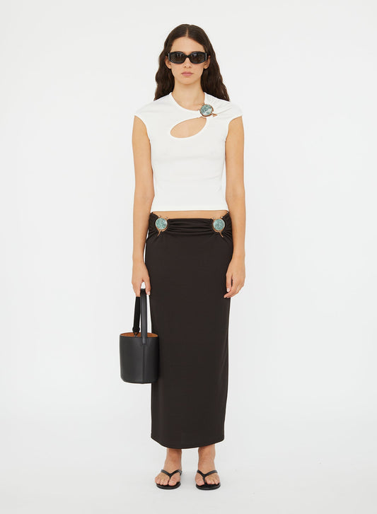 Image of a model wearing Skirts. Productname: CHRISTOPHER ESBER Mineral Stone Ruched Skirt in Carbon colour by brand - CHRISTOPHER ESBER