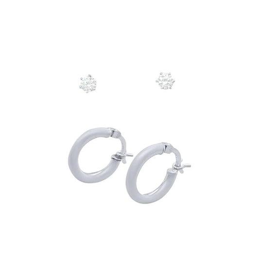 Image of Earrings. Productname: Plain Round Hoop and Stud Earring Set with Cubic Zirconia in Sterling Silver in Silver colour by brand - Bevilles