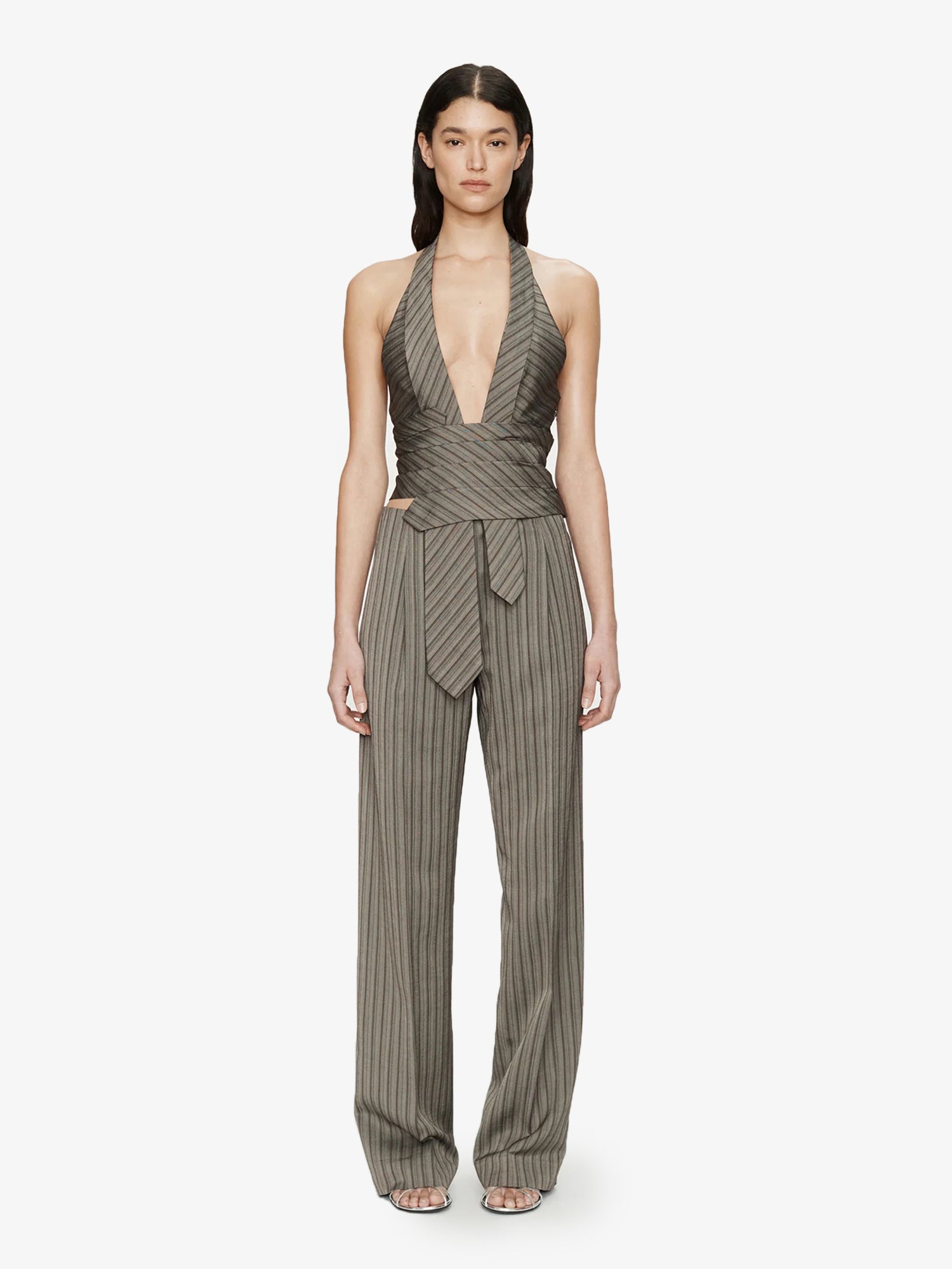 Image of a model wearing Pants. Product name - Reyer Tailored Redux Trouser in Stripe colour by brand - CHRISTOPHER ESBER