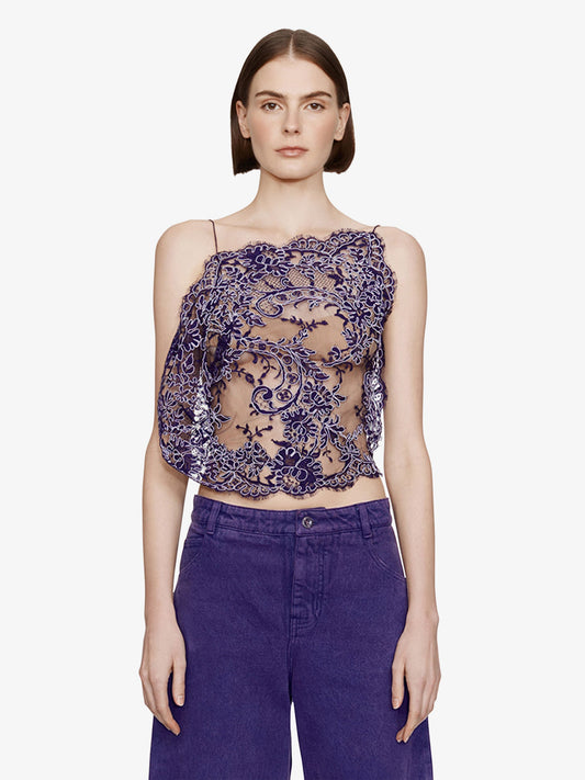 Image of a model wearing Tops. Product name - Iris Floating Lace Cami in Viola colour by brand - CHRISTOPHER ESBER