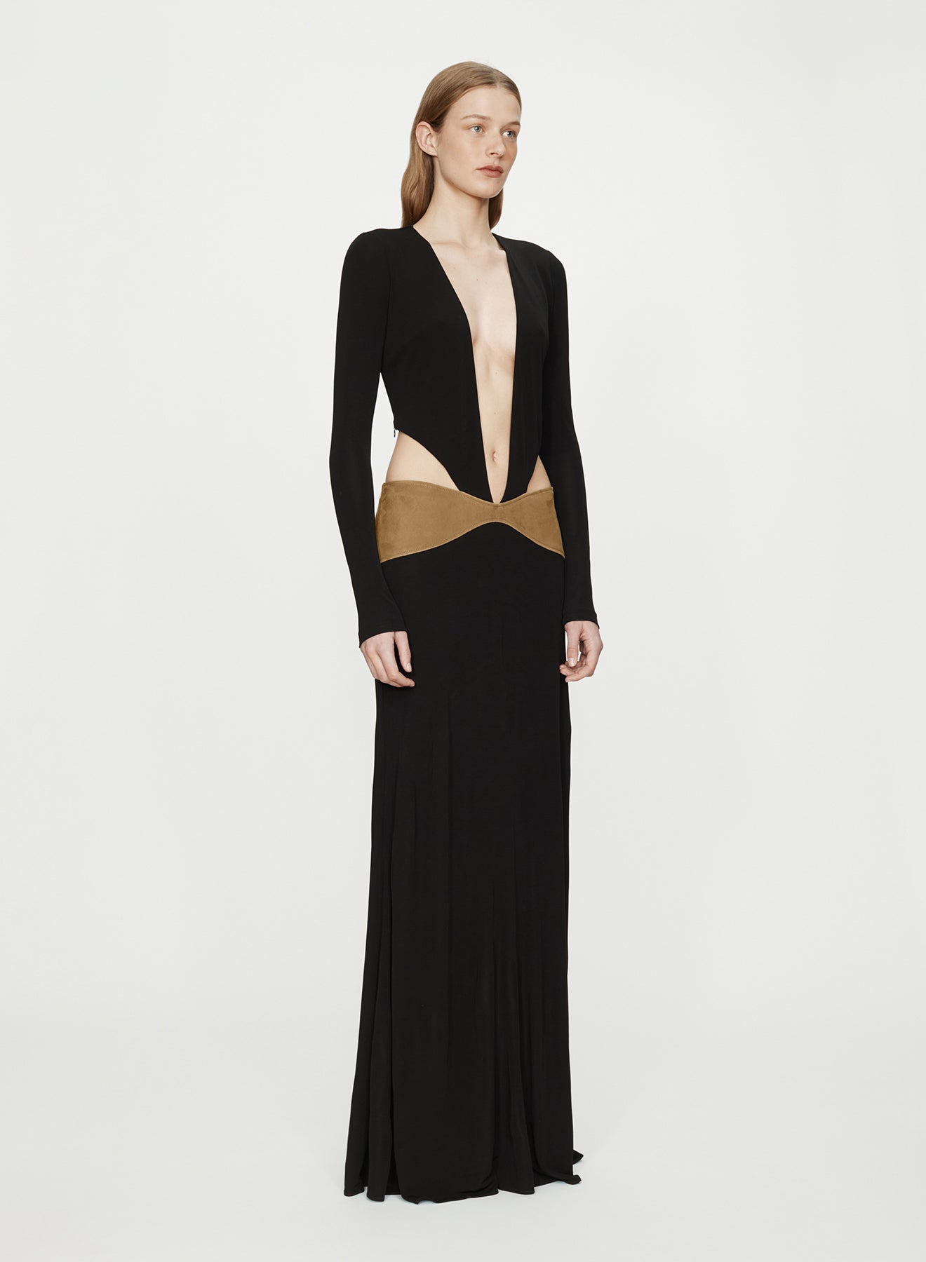 CHRISTOPHER ESBER Contour Suede Belted Long Sleeve Gown (Sand)