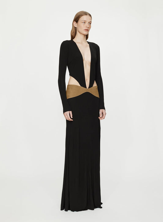 CHRISTOPHER ESBER Contour Suede Belted Long Sleeve Gown (Sand)