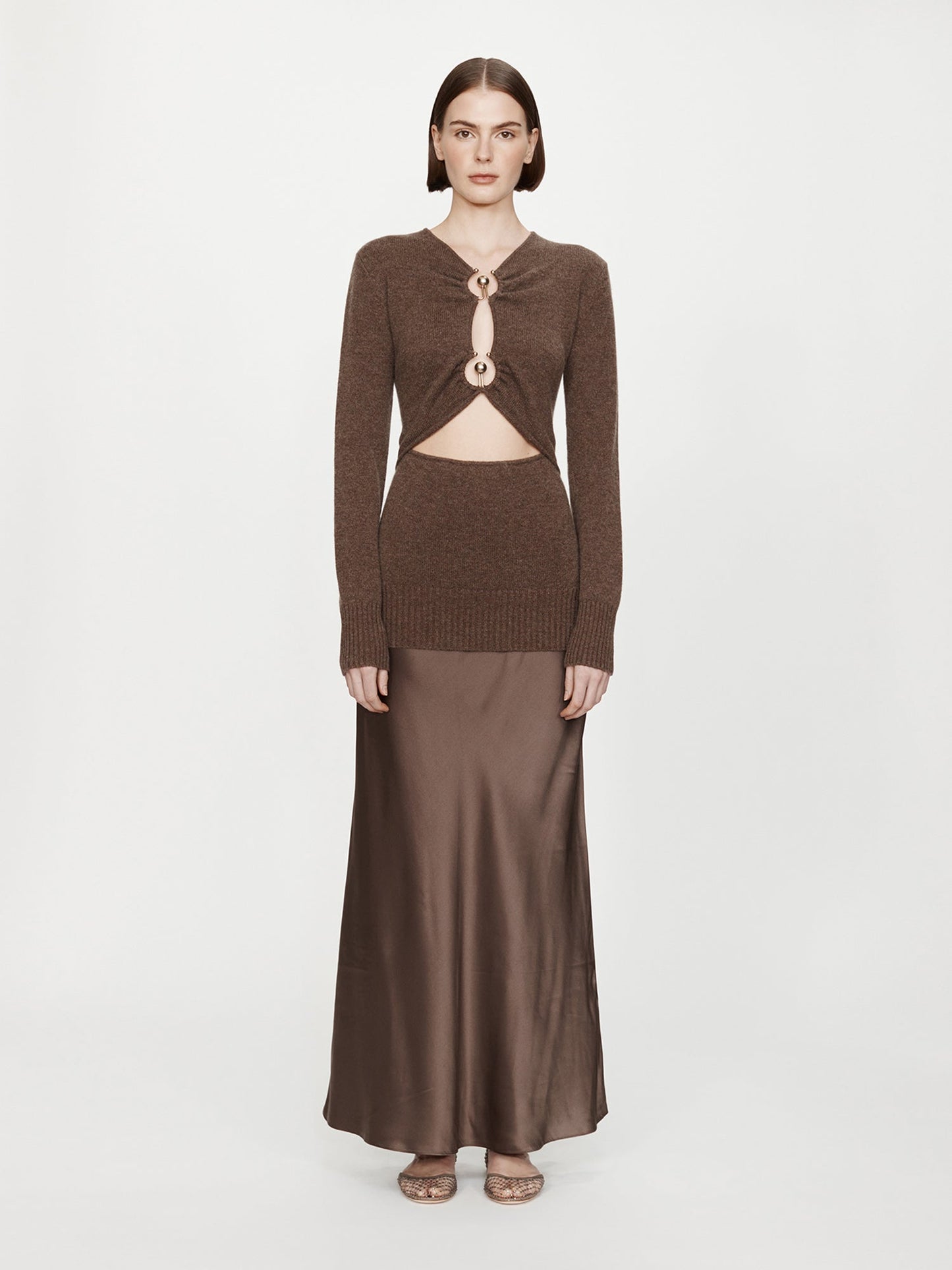Image of Dresses. Productname: CHRISTOPHER ESBER Orbit Ruched Monument Long Sleeve Dress in Umber colour by brand - CHRISTOPHER ESBER