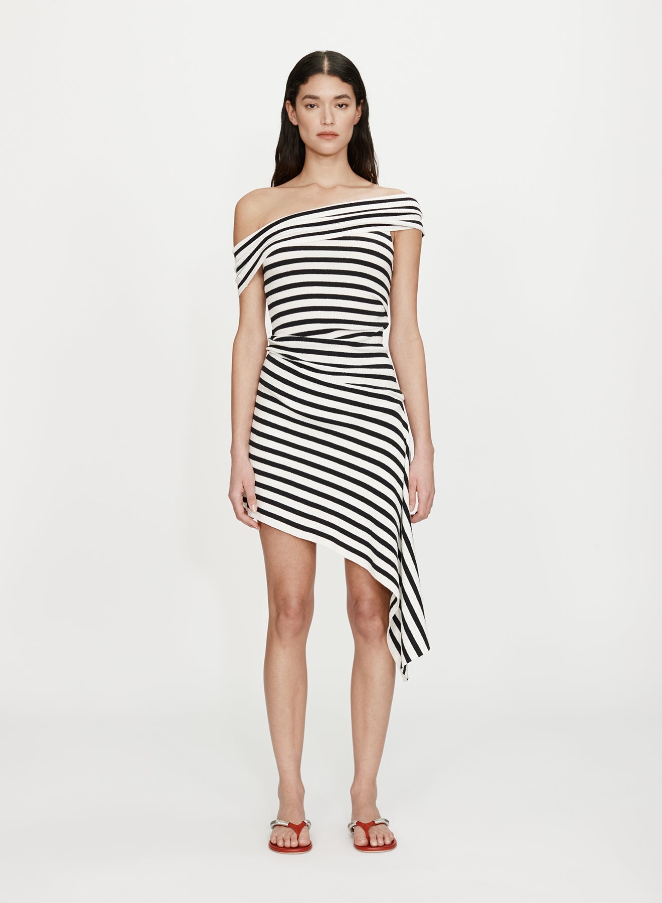 Image of Dresses. Product name - Stripe Knit Extension Drape Mini Dress in White colour by brand - CHRISTOPHER ESBER
