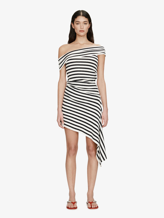 Image of Dresses. Product name - Stripe Knit Extension Drape Mini Dress in White colour by brand - CHRISTOPHER ESBER