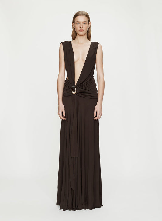 Image of Dresses. Productname: CHRISTOPHER ESBER Stone Pin Scarf Drape Long Dress in Umber colour by brand - CHRISTOPHER ESBER