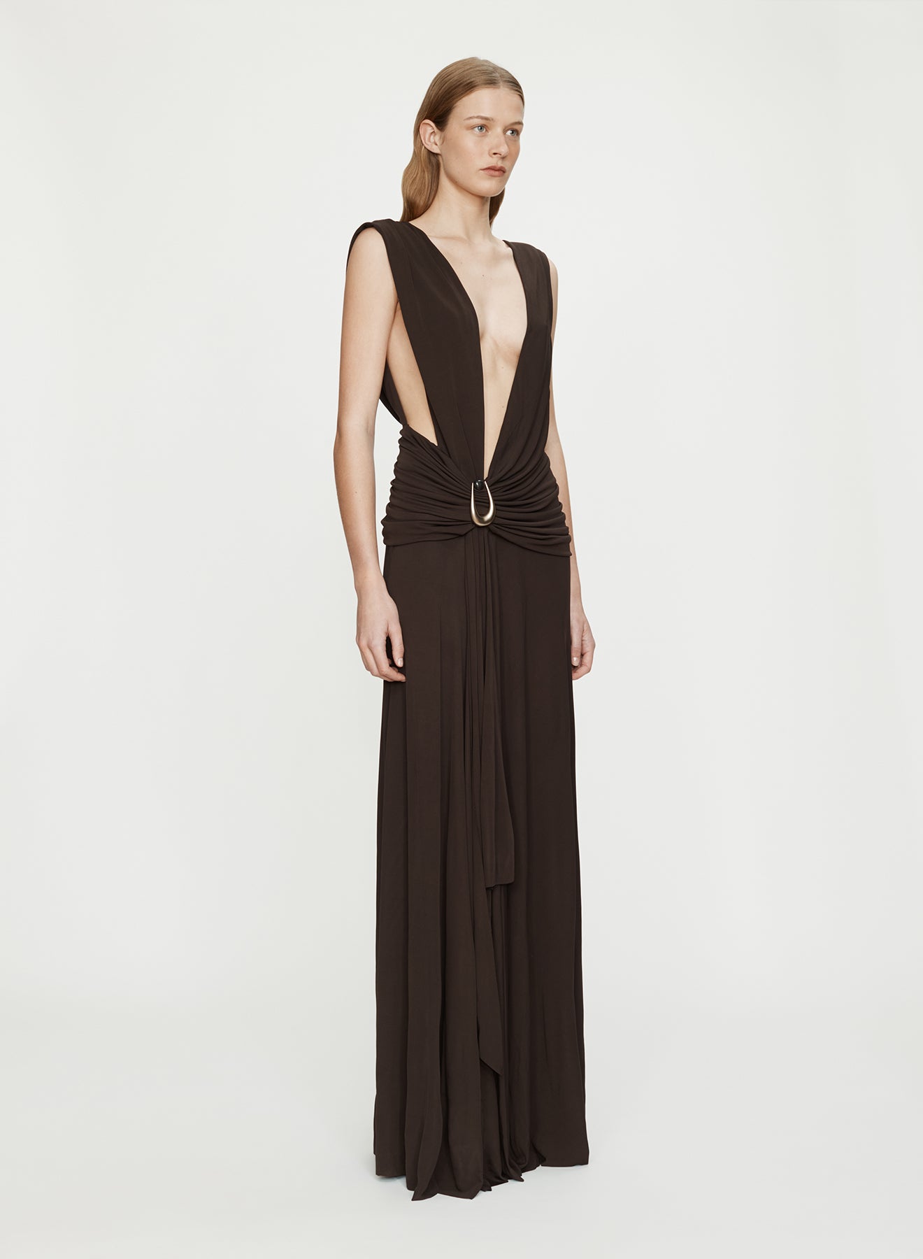 CHRISTOPHER ESBER Stone Pin Scarf Drape Long Dress (Umber)