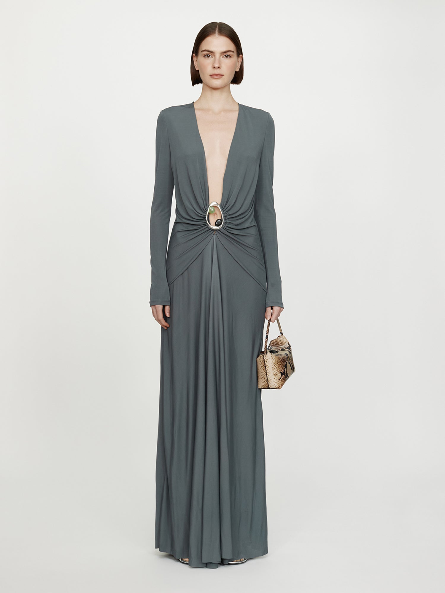 Image of Dresses. Productname: CHRISTOPHER ESBER Orica Crystal Ruched Long Sleeve Dress in Granite colour by brand - CHRISTOPHER ESBER