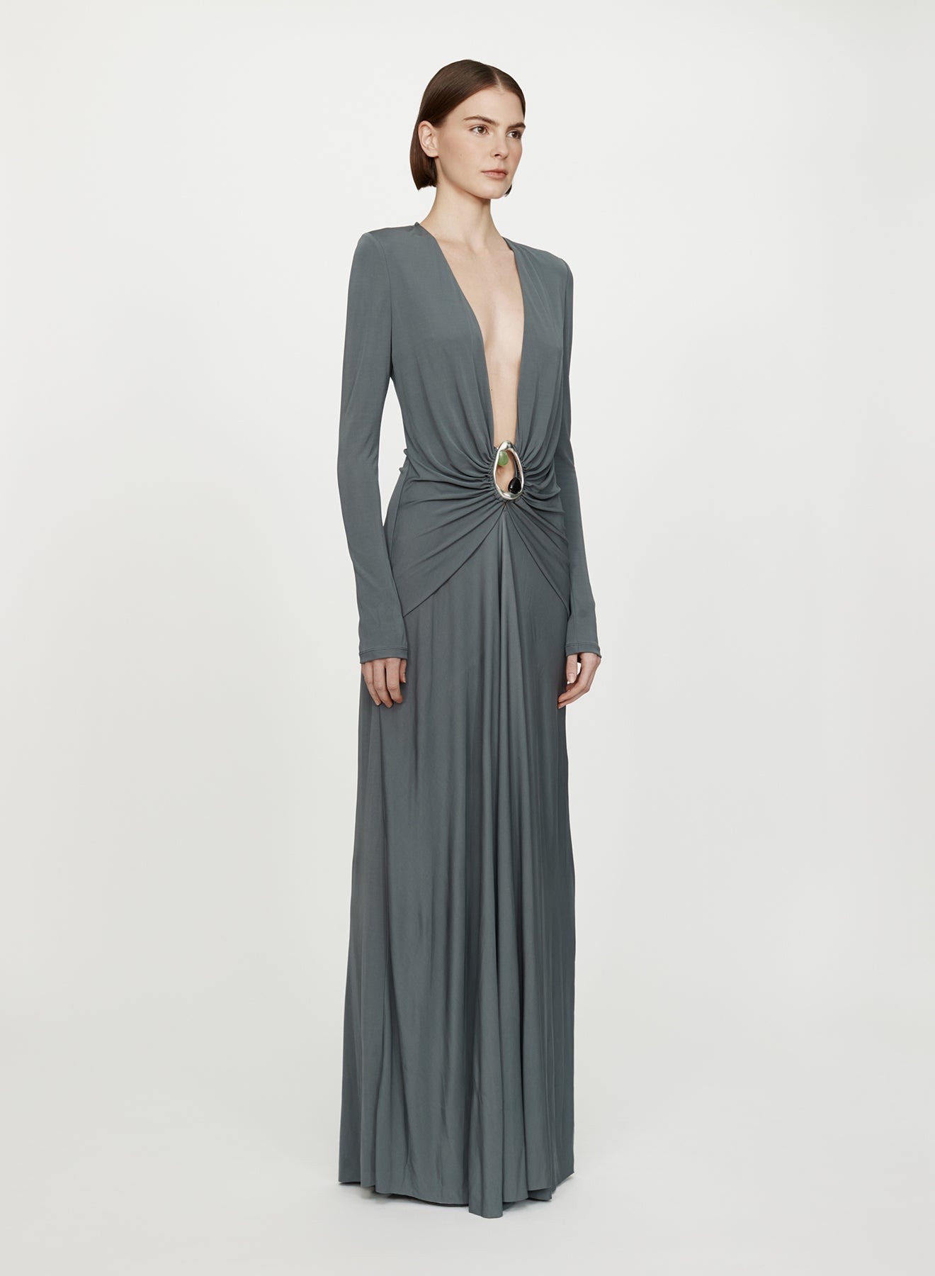 CHRISTOPHER ESBER Orica Crystal Ruched Long Sleeve Dress (Granite)