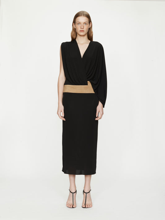 Image of Dresses. Productname: CHRISTOPHER ESBER Contour Suede Swaddled Dress in Sand colour by brand - CHRISTOPHER ESBER