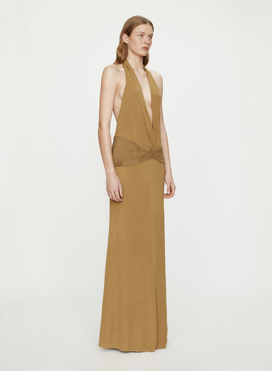 CHRISTOPHER ESBER Contour Suede Belted Jersey Halter Gown (Sand)
