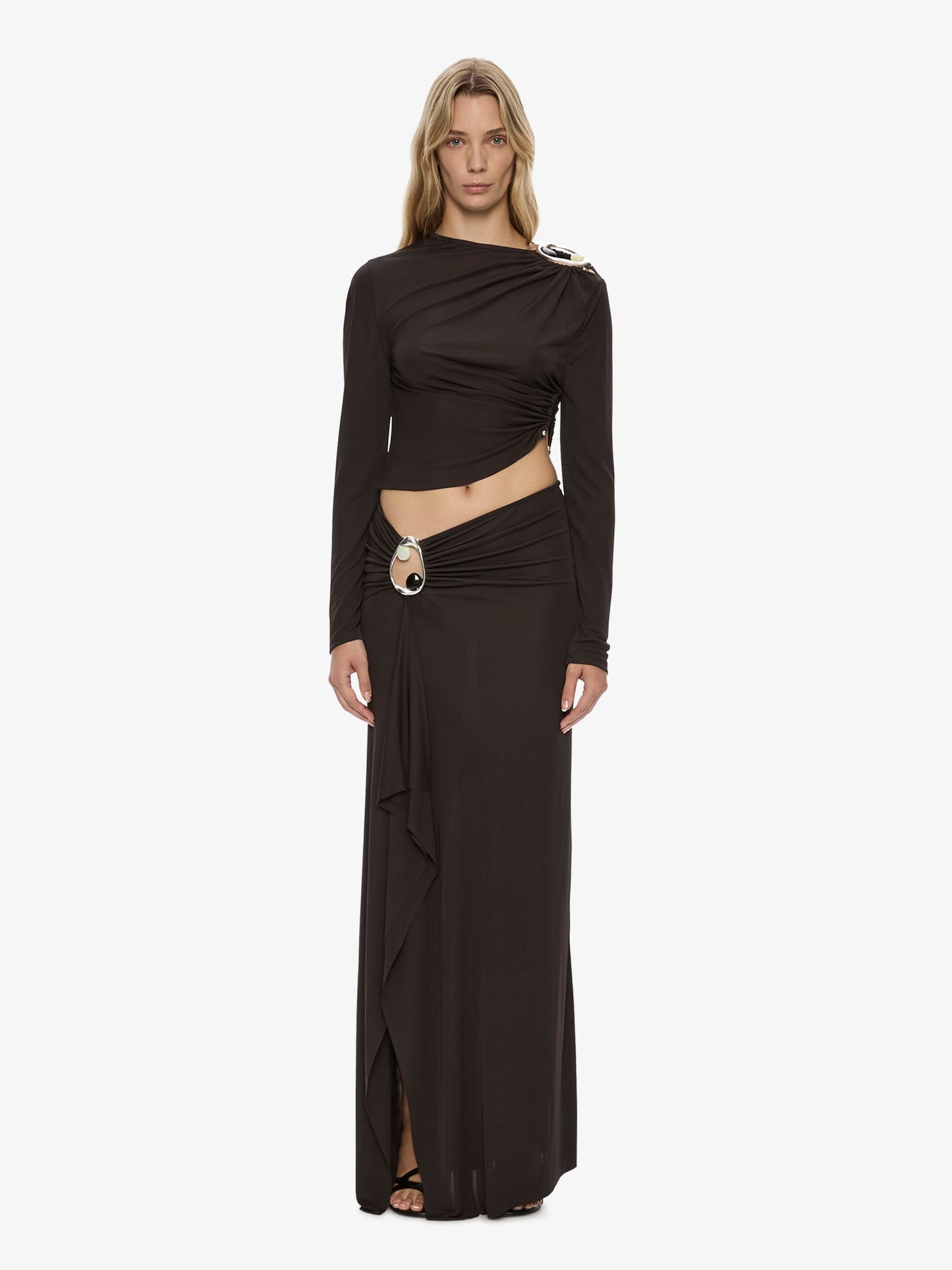 CHRISTOPHER ESBER Orica Crystal Ruched Long Sleeve Top (Molasses)