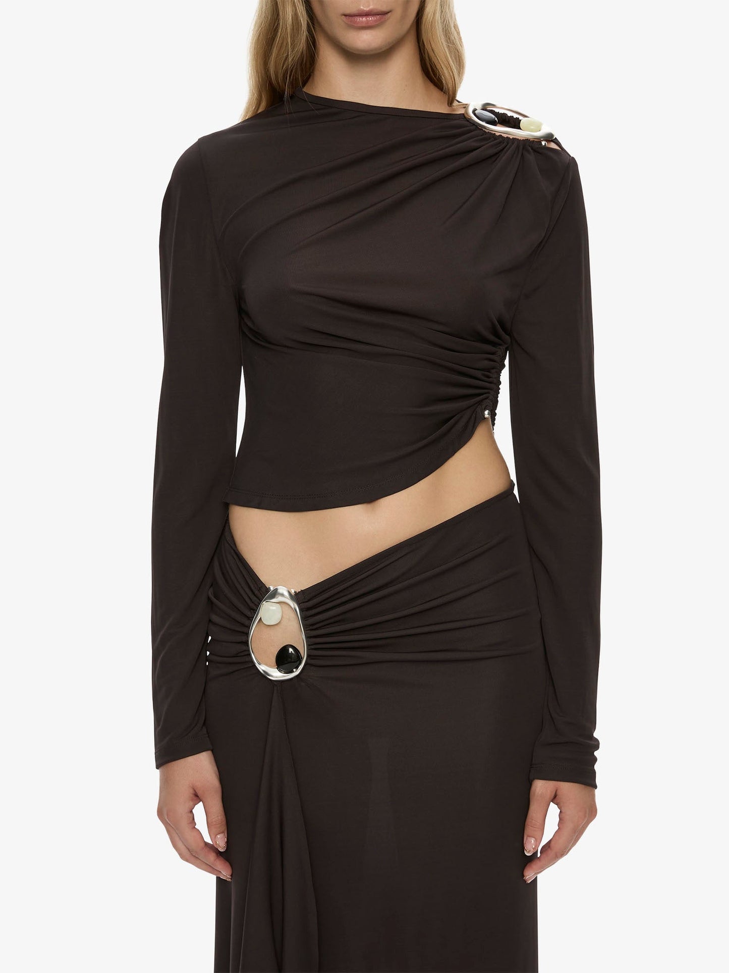 CHRISTOPHER ESBER Orica Crystal Ruched Long Sleeve Top (Molasses)