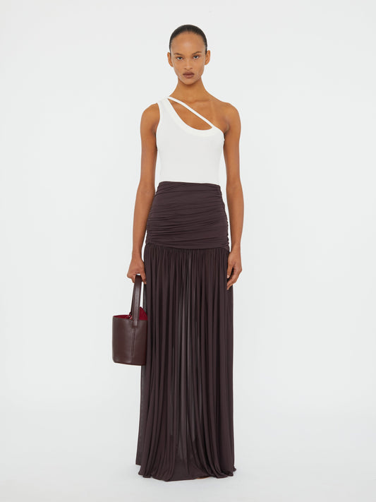 Image of a model wearing Skirts. Productname: CHRISTOPHER ESBER Orion Skirt in Malbec colour by brand - CHRISTOPHER ESBER