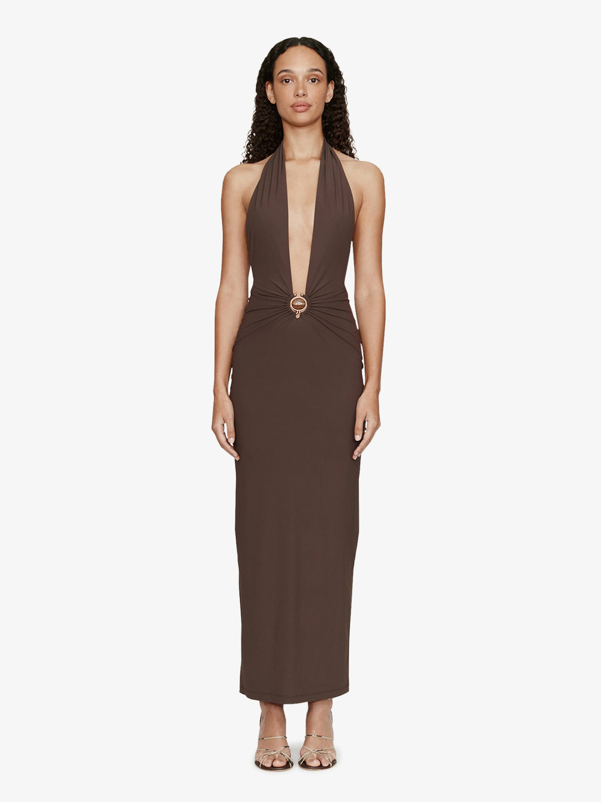 Image of Dresses. Product name - Mineral Stone Ruched Halter Lycra Dress in Umber colour by brand - CHRISTOPHER ESBER