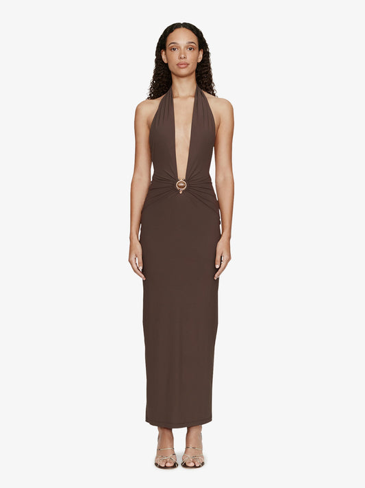 Image of Dresses. Product name - Mineral Stone Ruched Halter Lycra Dress in Umber colour by brand - CHRISTOPHER ESBER