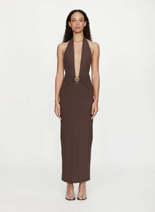 Image of Dresses. Productname: CHRISTOPHER ESBER Mineral Stone Ruched Halter Lycra Dress in Umber colour by brand - CHRISTOPHER ESBER