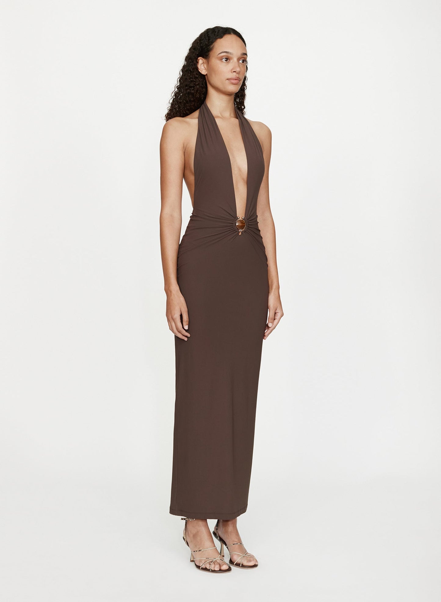 CHRISTOPHER ESBER Mineral Stone Ruched Halter Lycra Dress (Umber)