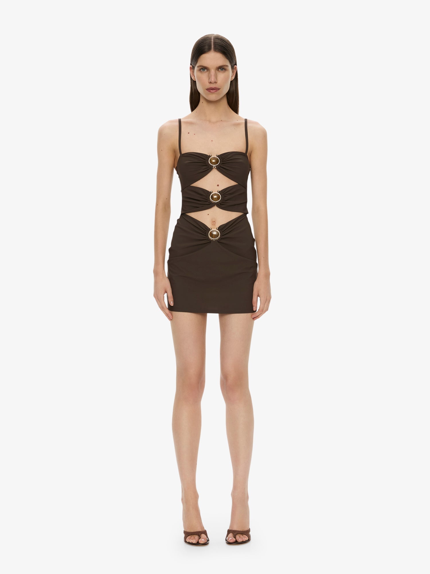 Image of Dresses. Productname: CHRISTOPHER ESBER Mineral Stone Ruched Mini Dress in Umber colour by brand - CHRISTOPHER ESBER