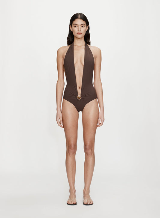 Image of Swimwear. Productname: Christopher Esber Mineral Stone Ruched Halter One Piece in Piece colour by brand - Christopher Esber